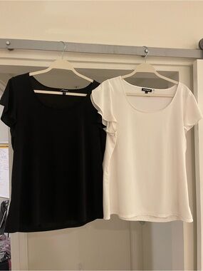 Express Women's Scoop Neck Flutter Sleeve Tops - Black and White